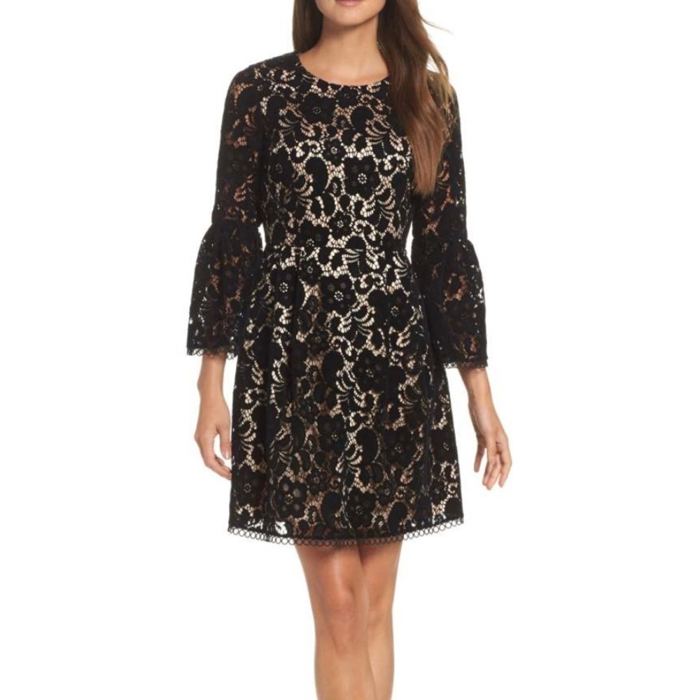 ELIZA J Bell Sleeve Fit & Flare Black and Nude Lace Dress, Flare Sleeve, Indie
